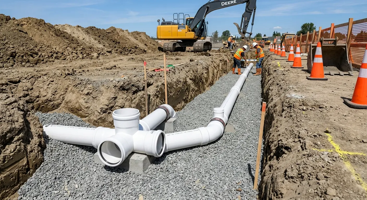 New PVC sewer pipe installation in open trench for Sewer Backup in Loudoun Valley Estates