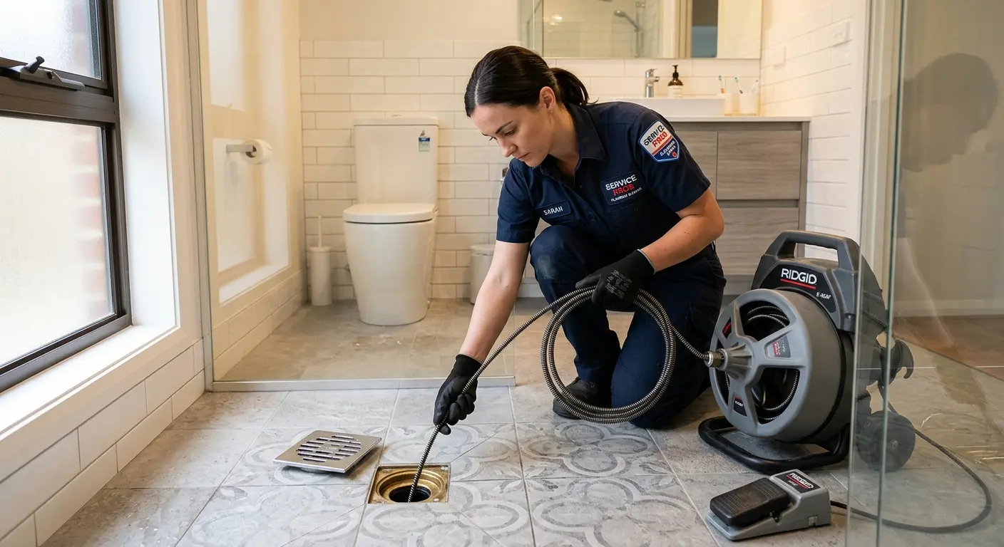 Technician clearing a bathroom floor drain for Sewer Line Replacement in Loudoun Valley Estates